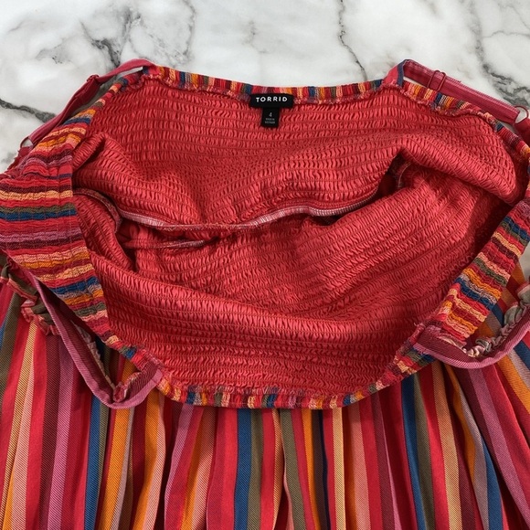 Torrid Midi Challis Striped Dress Womens Size 4 4X Pink Blue Smocked Tiered - Picture 12 of 16